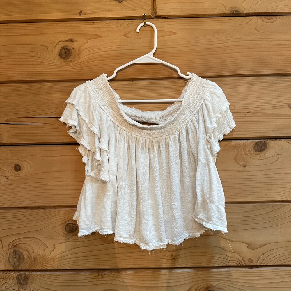 Free People Off the Shoulder Off-White Distressed Crop Top